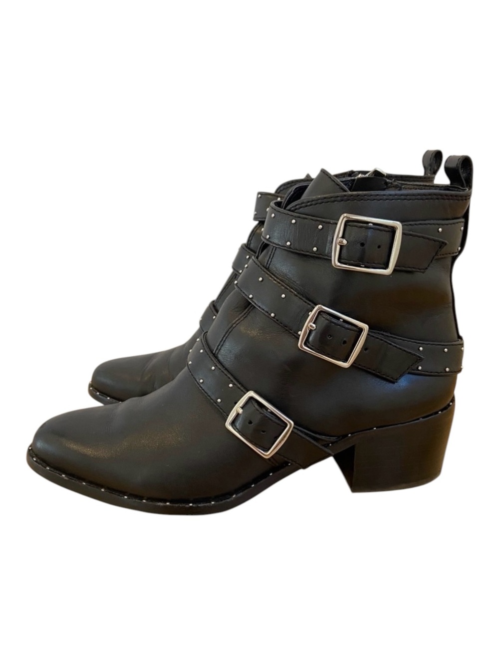 Lord & Taylor black leather ankle boots studded harness straps beaded 7.5